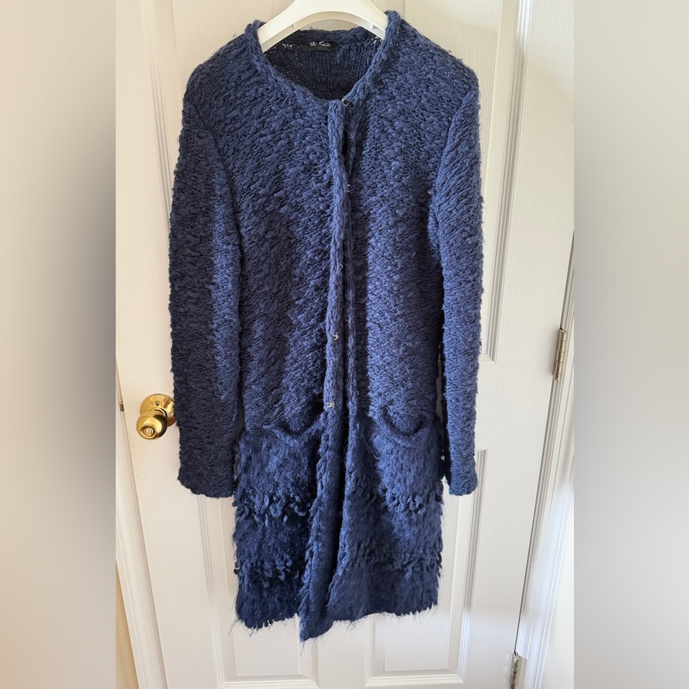 Max & Co Textured Knit Coat | Navy Blue Wool Blend Long Cardigan | Size S